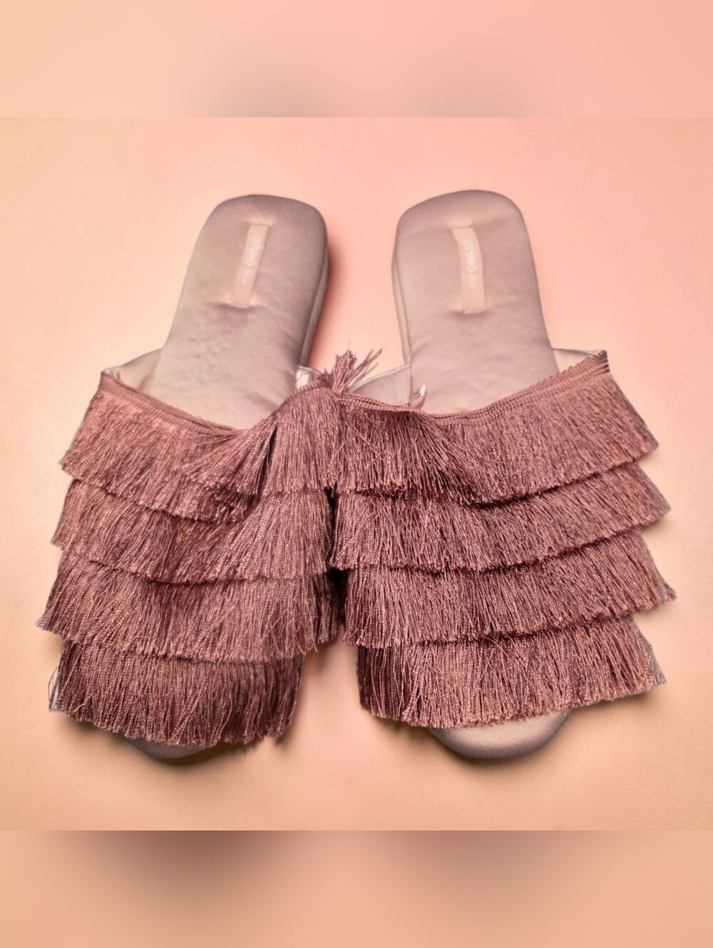 Oysho Pink Fringe Slide Sandals